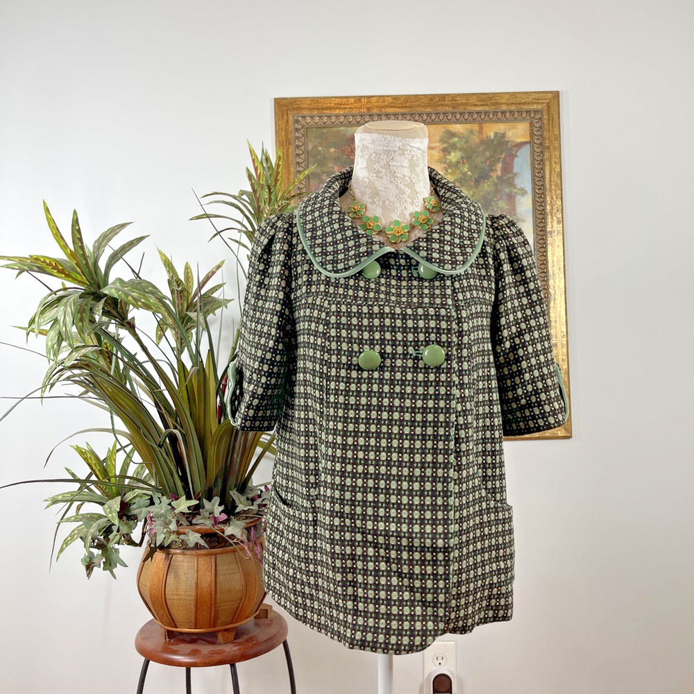 Joy Joy Womens M Green Black Tweed Double Breasted Short Sleeve Jacket Coat Boho